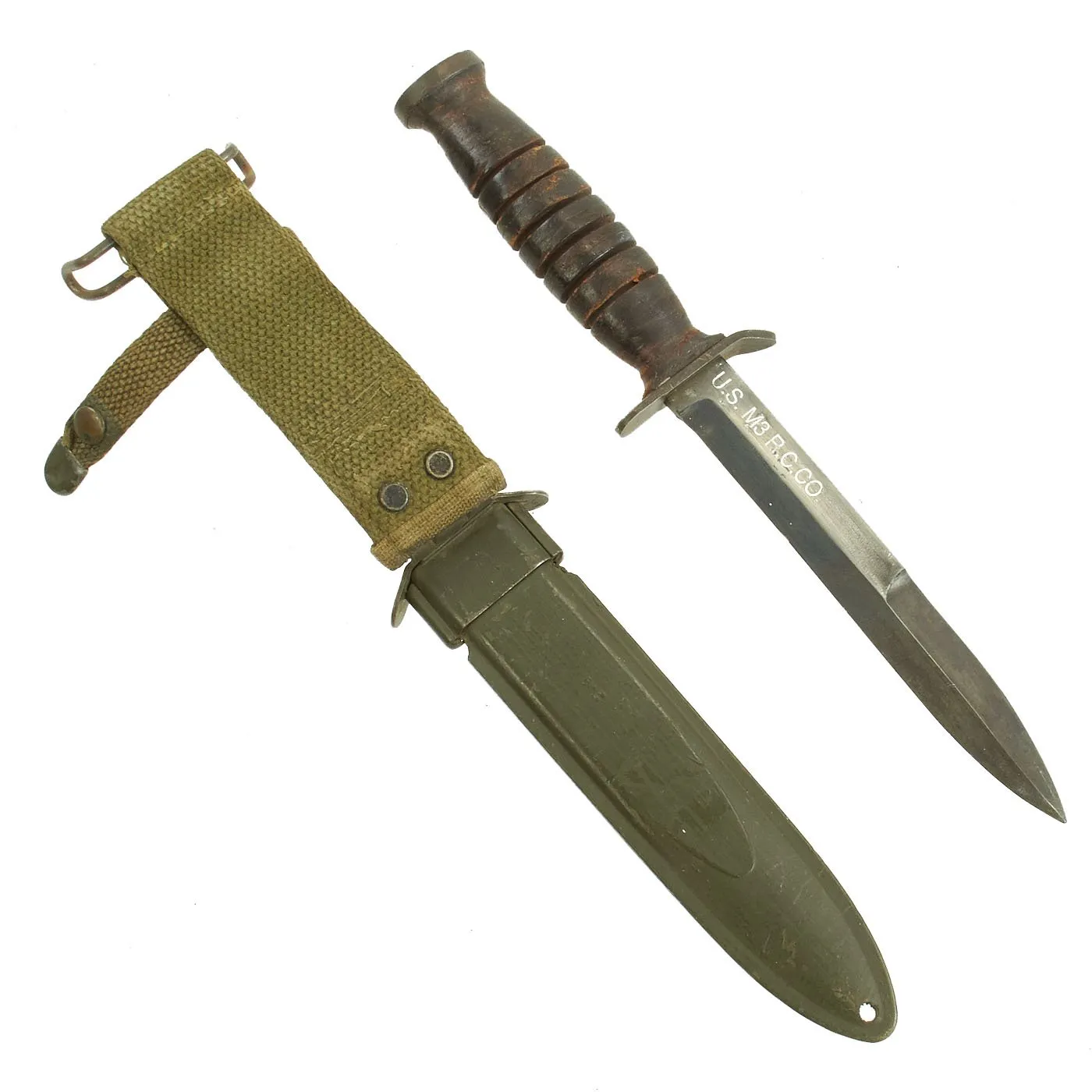 Original U.S. WWII Blade Marked M3 Fighting Knife by Robeson Cutlery with M8A1 Scabbard